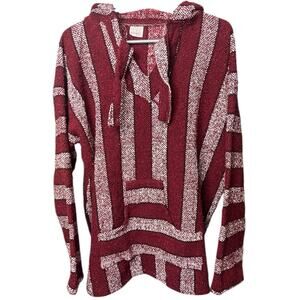 Baja Hoodie Red White Striped Mexican Jerga Pullover Surf Skater Festival - XL